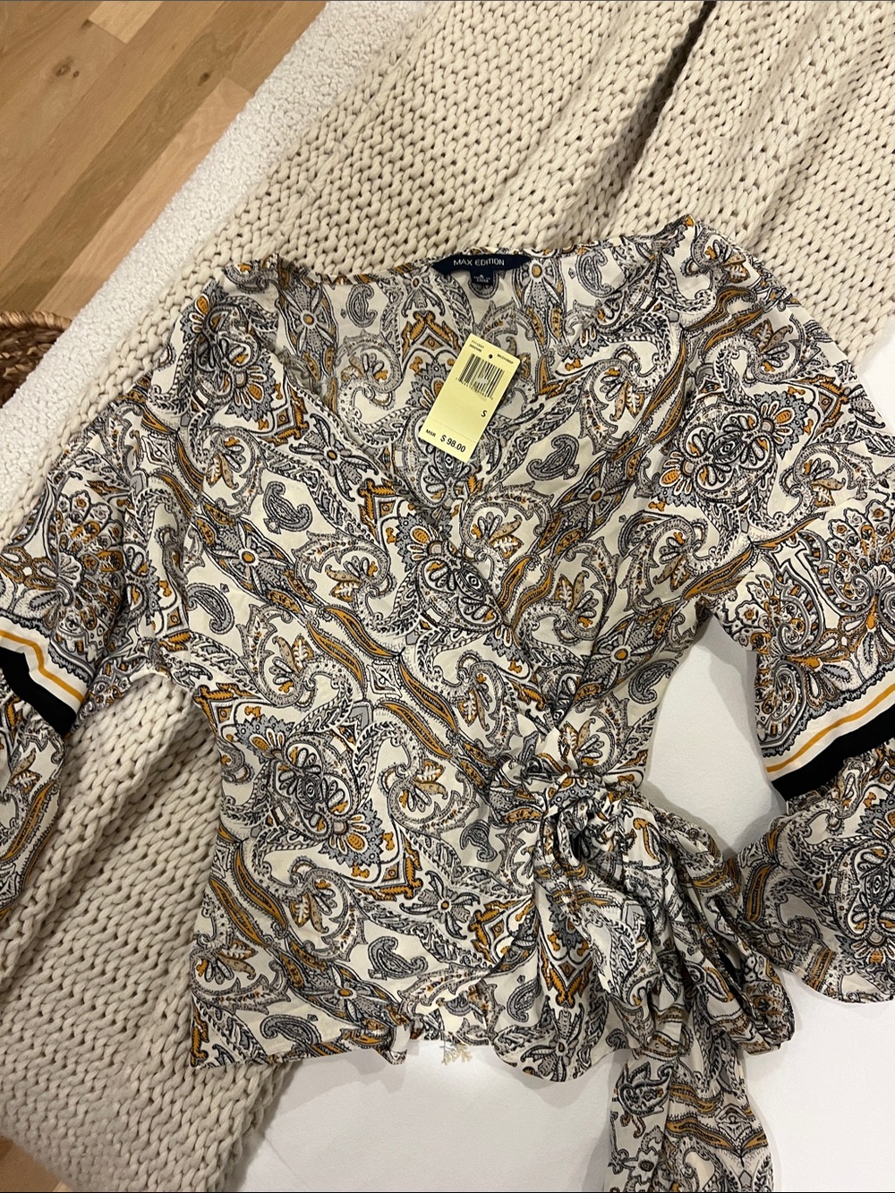 Max Edition Paisley Wrap Blouse in Cream, Mustard & Black